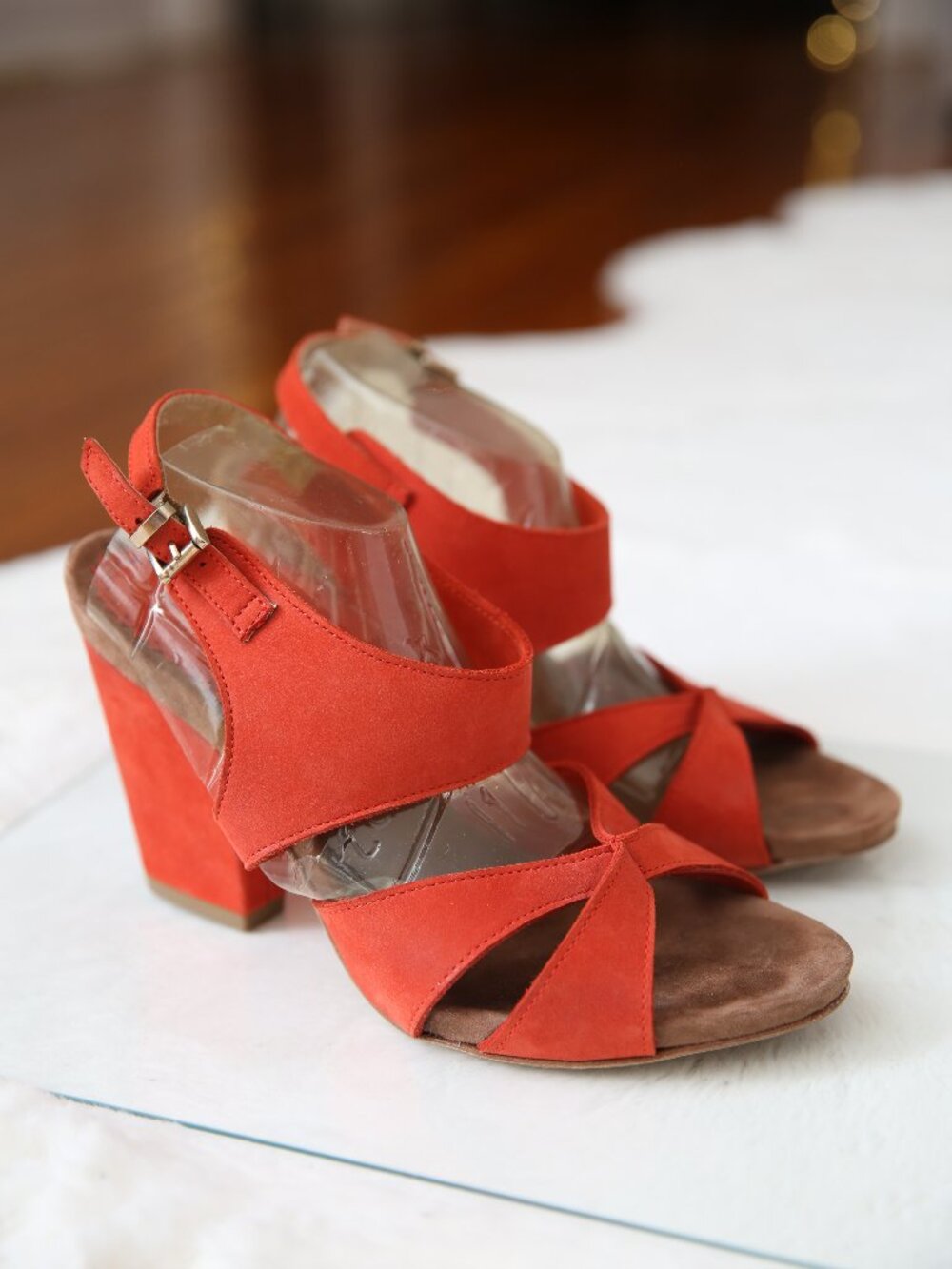 SUNDANCE Suede Coral Red Chunky Block Heel Sandals | Made in Italy